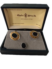 VTG Destino Cufflinks/Tie Tack Black Onyx Textured Gold/Silver Tone Swivel Posts