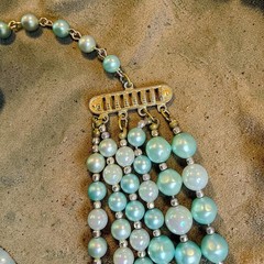 Vintage Japan 6 Strand Aqua Seafoam Glass & Acrylic Bead Necklace Statement Bib