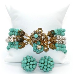 Vintage Signed Miriam Haskell Turquoise Bead Bracelet & Clip On Earrings Set