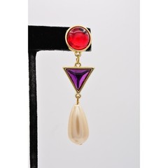 Vintage Cabochon 2.5″ Dangle Earrings Red Purple Pearl Drop Gold 80s 1980s BinAZ