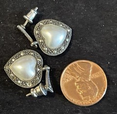 Vintage Sterling Silver Marcasite Puffy Heart Dangle Earrings