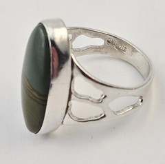 Vintage Sterling Silver Green Picture Jasper Gemstone Oval Ring Size 7.5 – 6.0g