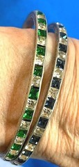 VINTAGE ANTIQUE 2 STERLING BLUE & GREEN & WHITE RHINESTONE CRYSTAL BANGLE SET
