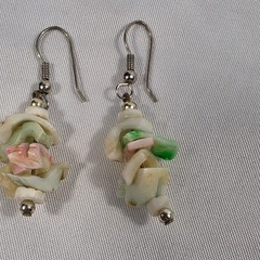 Dangle Drop Earrings Green White & Pink Irregular Shell Chips French Wire