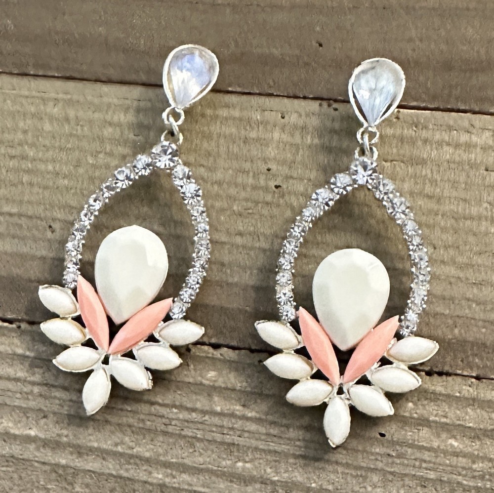 Peaches & Cream Acrylic Rhinestone Dangle 2” Pierced Earrings Vintage