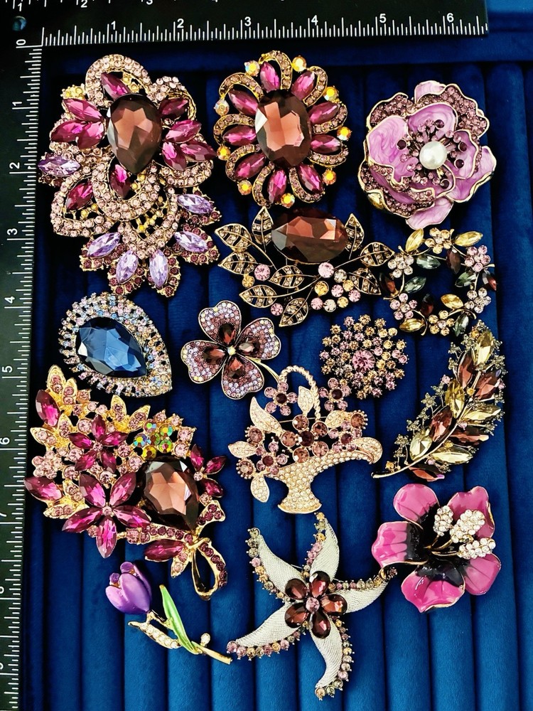 14 Pc Statement Rhinestone Floral Brooch Pin Lot Purple Pink Flower Basket
