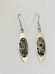 Vintage Sterling Silver Abalone Mother Of Pear Mosaic Oval Dangle Hook Earrings