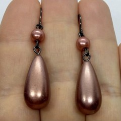Vtg Brown Glass Pearl Teardrop Dangle Earrings Hook