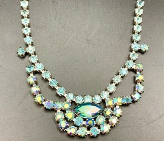 Sky Blue AB Aurora Borealis Rhinestone Festoon Necklace Prong Set Vintage 1950s