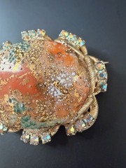 Vintage Easter Egg Orange Glass Cabochon and Clear Crystal Gold Tone Brooch