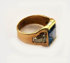 Antique 1940’s Deco Style Yellow Gold Platinum Diamonds Blue Stone Men’s Ring