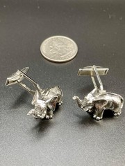 Vintage 3D Elephant Silver Tone Detailed Trunk Up Good Luck Mascot Cufflinks