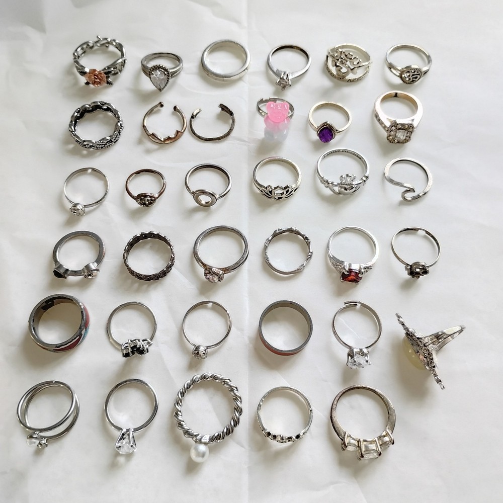 Huge Lot Of 35 Silvertone Costume Vintage Rings Various Sizes Mixed