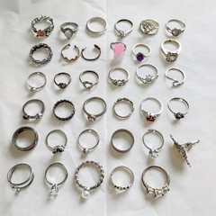 Huge Lot Of 35 Silvertone Costume Vintage Rings Various Sizes Mixed