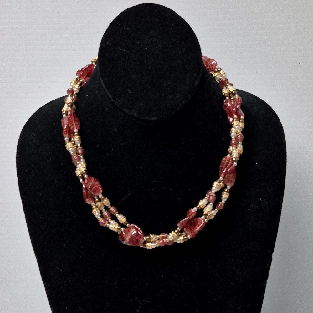 Vtg Estate Gold Foil Cranberry Leaf Pearl Glass Beaded Collar Necklace 3 Strand