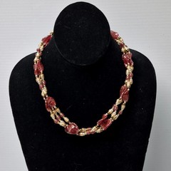 Vtg Estate Gold Foil Cranberry Leaf Pearl Glass Beaded Collar Necklace 3 Strand