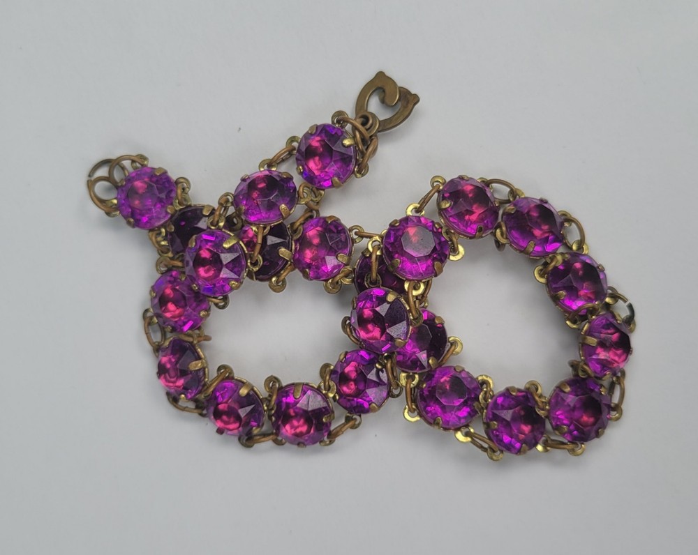 Vintage Old Rare Unique Gold Tone Purple Stones Linked Statement Choker Necklace