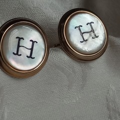 Vintage Mother of Pearl monogram H Button style Goldtone 1in Cufflinks