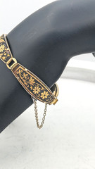 Vintage DAMASCENE Bracelet Bird Floral Black Gold Tone Panel Safety Chain