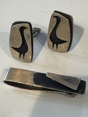 LORE Midcentury Modernist sterling silver CUFFLINKS with TIE BAR — Bird design