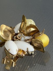 Vintage Floral Brooch Earrings Set White Navette Beads Lucite Gold Tone Clip