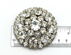 Vintage Large Clear Rhinestone Brooch Pin Domed Round Clear Crystal Silver Tone