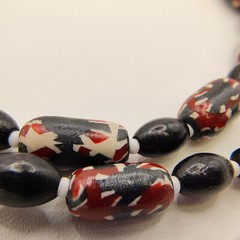 Vintage Barrel Bead Necklace Red Black White Abstract Tribal 22″ Matinee Length