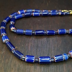 Vintage Venetian Style Blue Chevron Beaded Necklace 18in | 4.7–20.3mm Beads