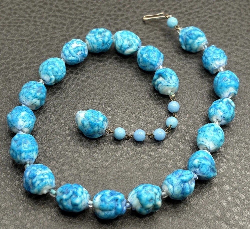 Vintage West Germany Marbled Blue White Beaded Textured Bead Necklace Choker