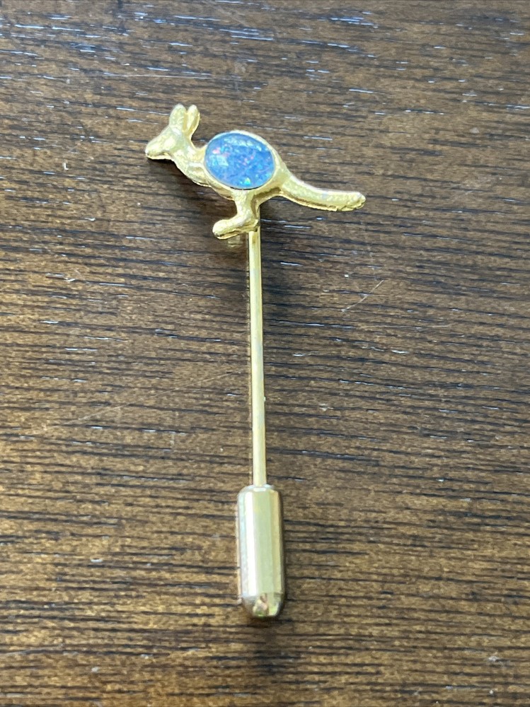 Vintage Kangaroo Tie Stick Pin Australia Faux Opal Gold Tone Small Figural