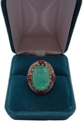 Vintage 14k gold, ruby & diamond accented, 15ct cabochon emerald ring, size 5.50