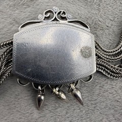 Antique Victorian Enamel Shield Pendant Double Albert Watch Chain Neck1ace 19”