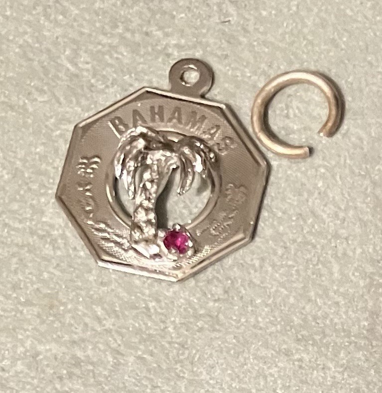 Vintage Sterling Silver Charm Bahamas Souvenir Palm Tree Hexagon Disc Red Stone