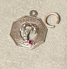 Vintage Sterling Silver Charm Bahamas Souvenir Palm Tree Hexagon Disc Red Stone