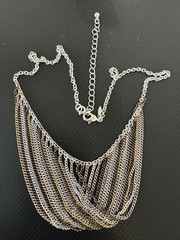 Vintage SAQ Signed Multi-Color Multi-Strand Fringe Bib Chain Necklace 17-20″.