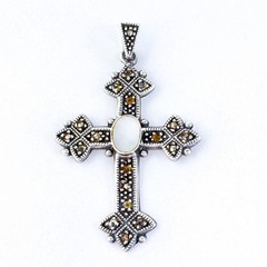 AS IS Vintage Sterling Silver 925 4.5cm Marcasite Mother of Pearl Cross Pendant