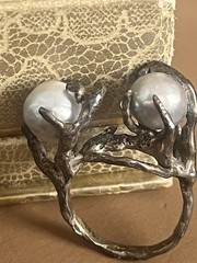 VTG Sterling Silver Brutalist Baroque Cultured Pearl Statement Ring Sz 8