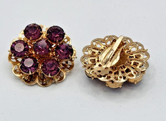 Vintage Amethyst Purple Rhinestone Cluster Clip On Earrings Gold Tone 1960s