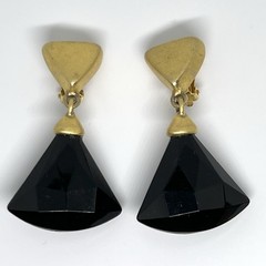 Vintage Signed Erwin Pearl Black Lucite Dangle Clip On Earrings Brushed Gold