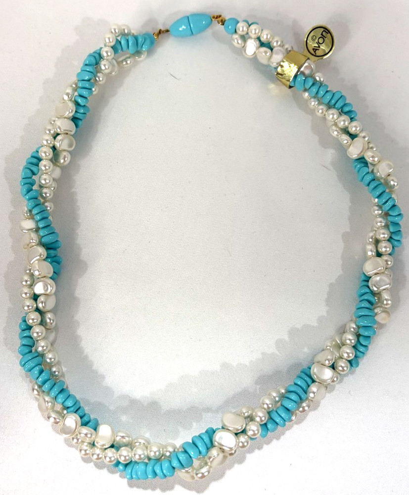 Vintage Avon Turquoise Like Beads, Faux Pearl Necklace 18″ Made for Japan Only