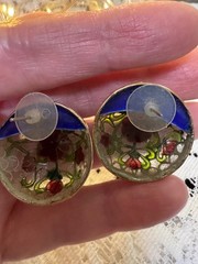 Plique-à-jour / Cloisonné style VINTAGE Enamel DOME Button PIERCED EARRINGS