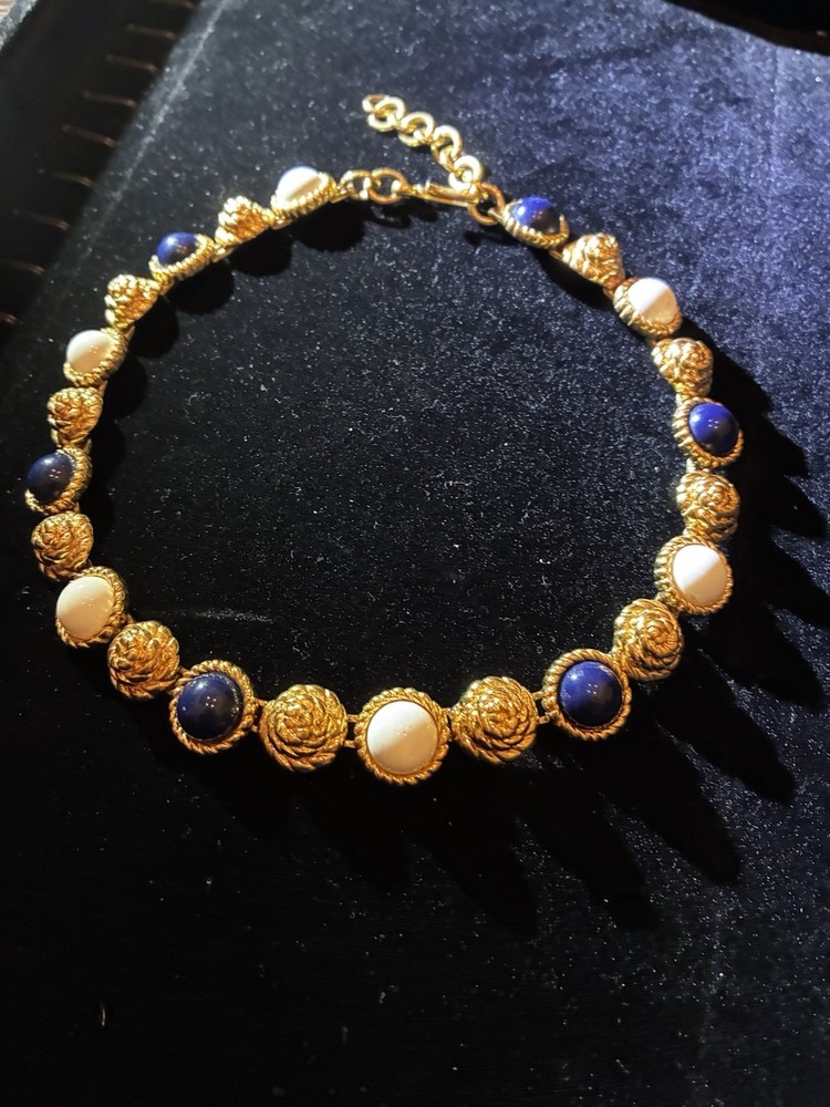 Vintage Monet Signed Lapis Style Cabochon Collar Necklace