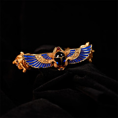 Ancient Egyptian Winged Scarab Open Cuff Bracelet Vintage Gold Plated Jewelry
