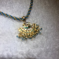 Vintage Indian Style, Gold, Toned Pendant necklace, Twisted Teal Silk Dori Cord