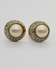 MONET Clip Earring Faux pearl PAVE crystal accent Gold tone Vintage .75 in