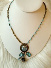 Grandmother’s Buttons Art Glass Necklace Moon Face Vintage Blue Bead Brass Chain