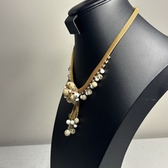Vintage High End White Cream Clear Beads AB Rhinestone Gold Tone Mesh Necklace