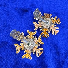 Vintage Enamel Brooch Clip on Earrings Set Flower Fall Acorn Tree Autumn