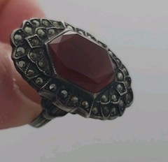 Antique Art Deco Gothic Carnelian Markasite Sterling Silver Vintage Ring Size 6