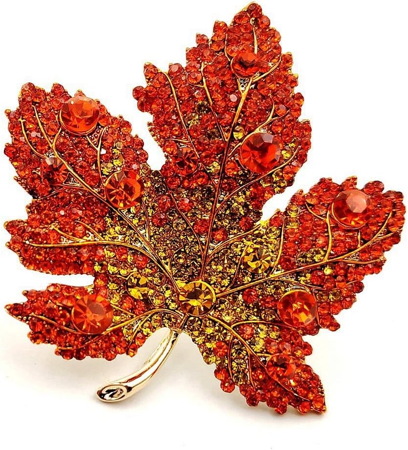 Vintage Stylish Full Micro Pave Yellow Orange Red Crystal Big Maple Leaf Brooch